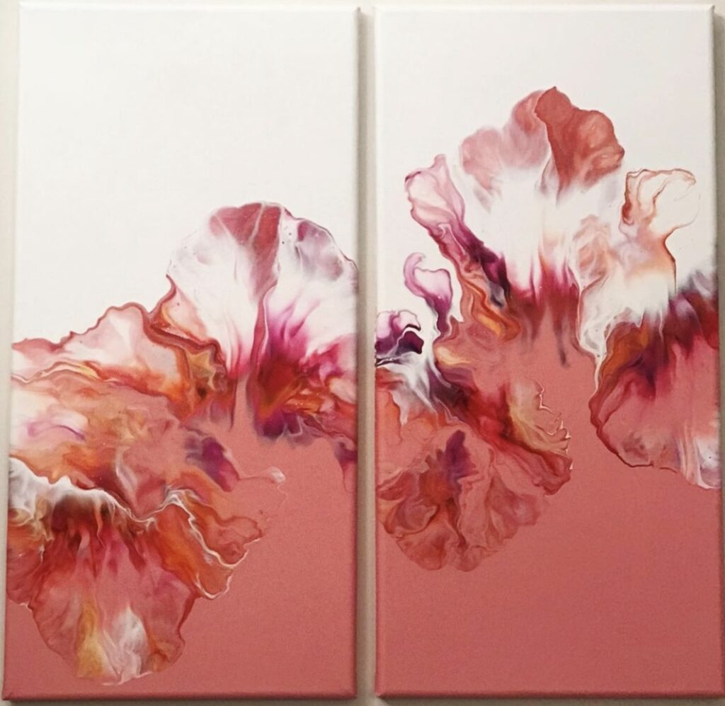 Abstract δίπτυχο Jo.n.art με ροζ, πορτοκαλί και λευκές πινελιές σε απαλή σύνθεση.